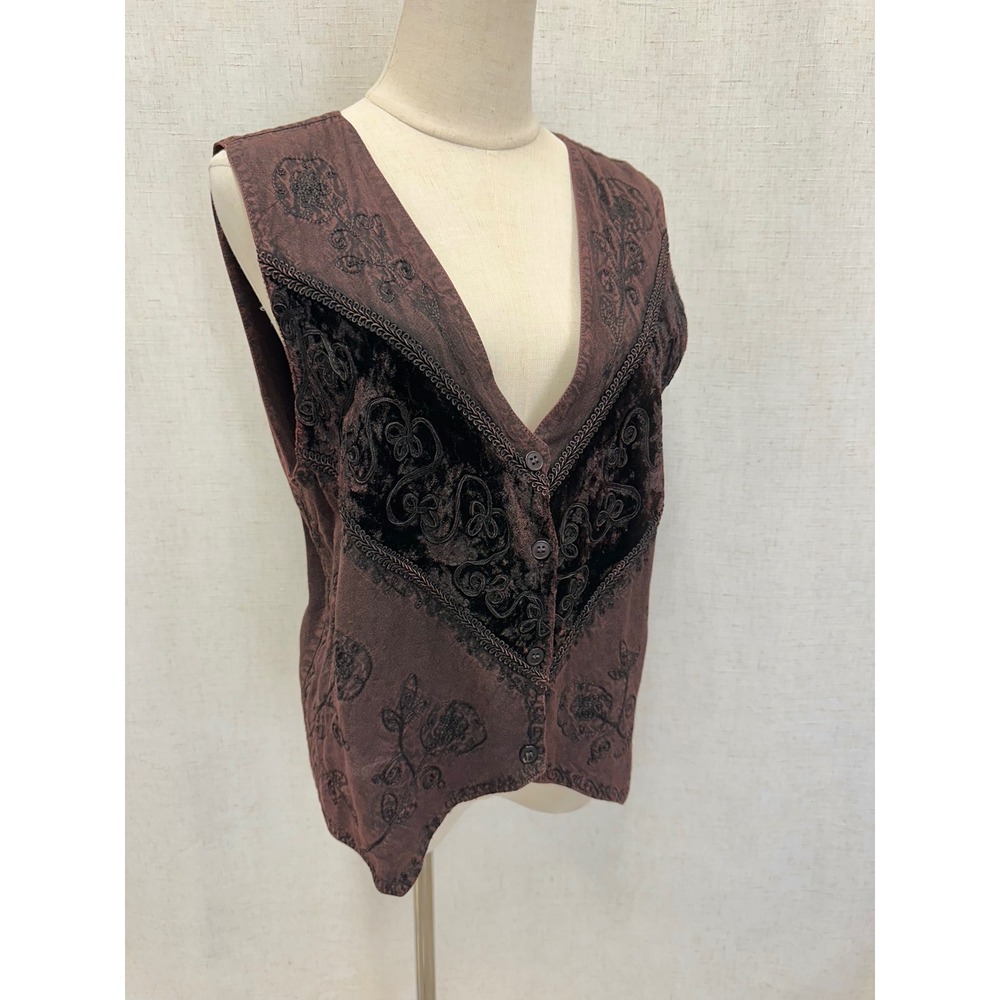 Raviya Brown Floral Embroidered Velvet Trim Rayon Vest Womens One Size Boho 90s - Picture 4 of 16